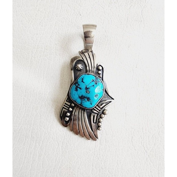 Native American Jewelry - VINTAGE Marita Benally NAVAJO MB Sterling Silver  TURQUOISE PENDANT Large